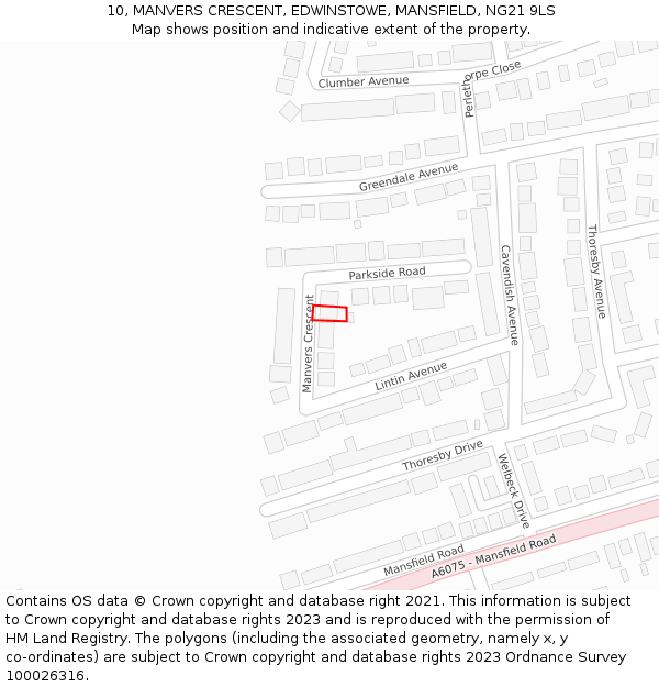 10, MANVERS CRESCENT, EDWINSTOWE, MANSFIELD, NG21 9LS: Location map and indicative extent of plot