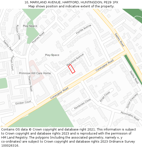 10, MARYLAND AVENUE, HARTFORD, HUNTINGDON, PE29 1PX: Location map and indicative extent of plot