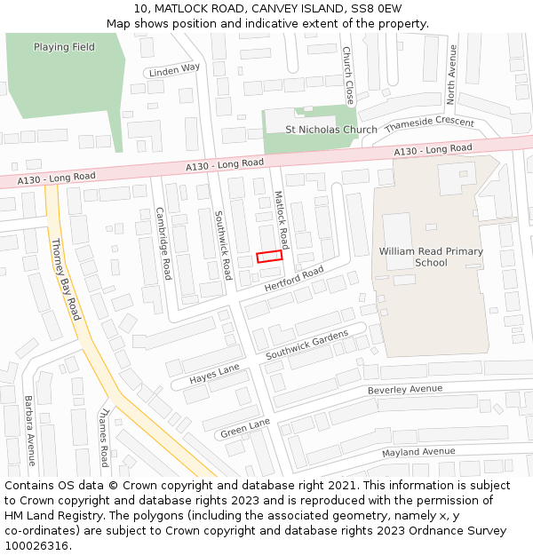 10, MATLOCK ROAD, CANVEY ISLAND, SS8 0EW: Location map and indicative extent of plot