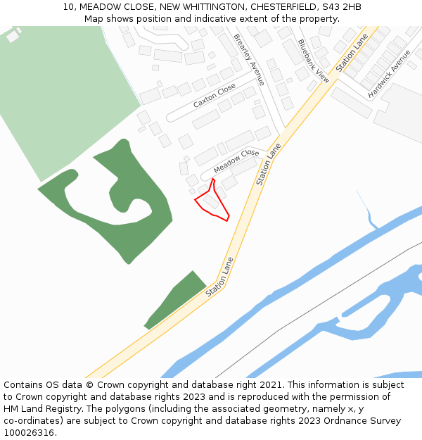 10, MEADOW CLOSE, NEW WHITTINGTON, CHESTERFIELD, S43 2HB: Location map and indicative extent of plot