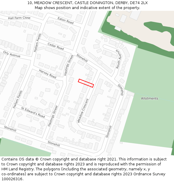 10, MEADOW CRESCENT, CASTLE DONINGTON, DERBY, DE74 2LX: Location map and indicative extent of plot