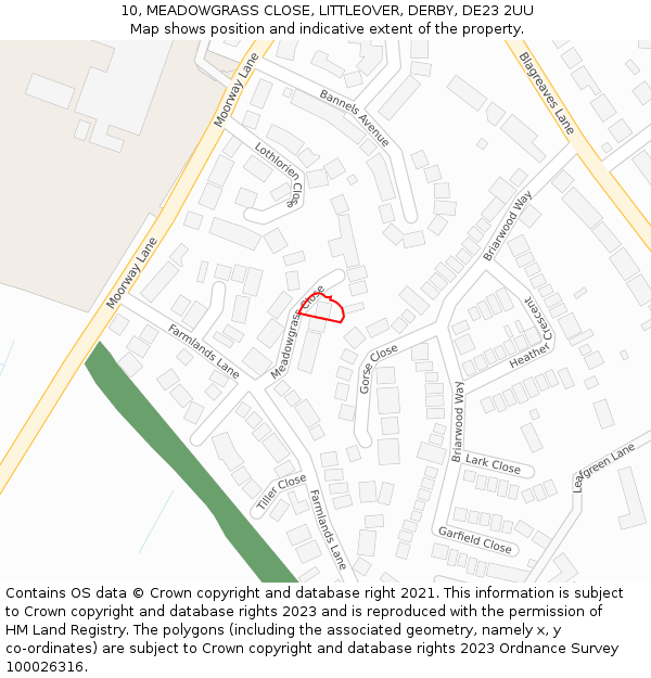 10, MEADOWGRASS CLOSE, LITTLEOVER, DERBY, DE23 2UU: Location map and indicative extent of plot