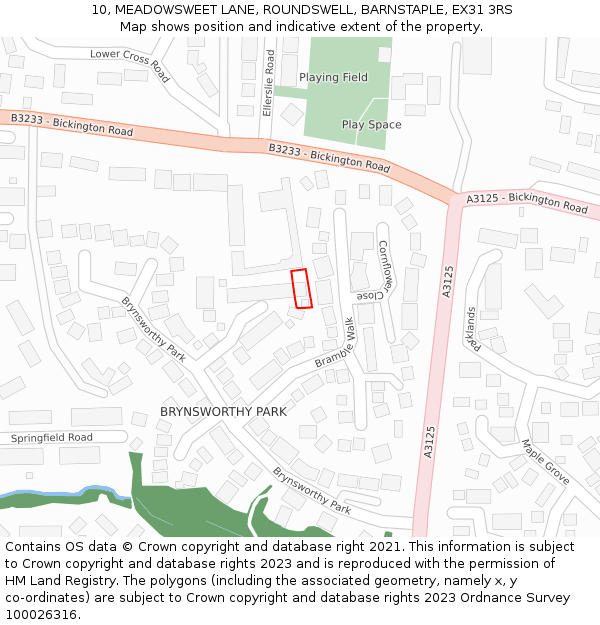 10, MEADOWSWEET LANE, ROUNDSWELL, BARNSTAPLE, EX31 3RS: Location map and indicative extent of plot