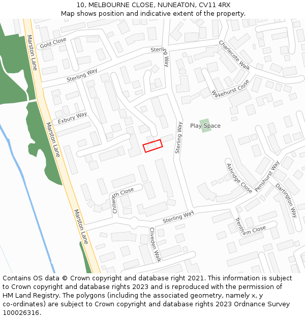 10, MELBOURNE CLOSE, NUNEATON, CV11 4RX: Location map and indicative extent of plot