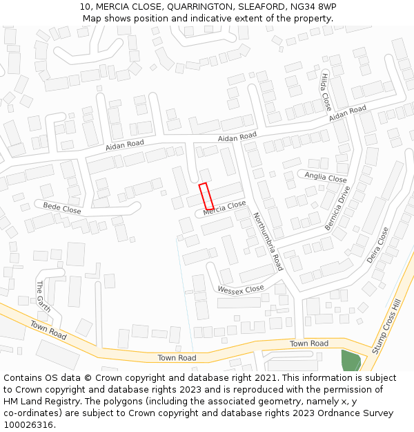 10, MERCIA CLOSE, QUARRINGTON, SLEAFORD, NG34 8WP: Location map and indicative extent of plot