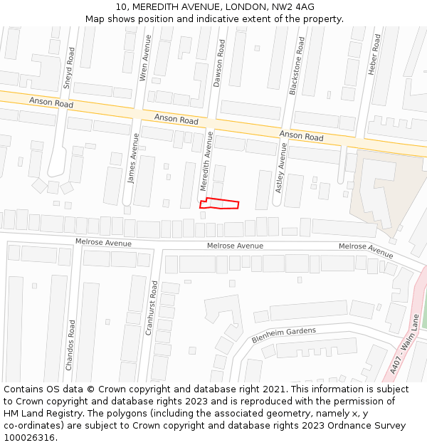 10, MEREDITH AVENUE, LONDON, NW2 4AG: Location map and indicative extent of plot