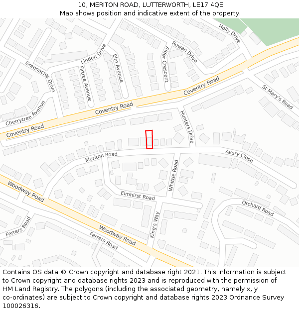 10, MERITON ROAD, LUTTERWORTH, LE17 4QE: Location map and indicative extent of plot