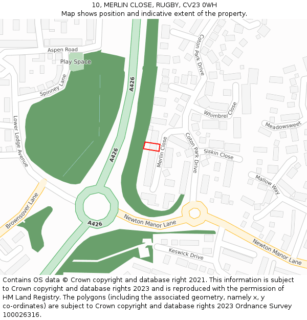 10, MERLIN CLOSE, RUGBY, CV23 0WH: Location map and indicative extent of plot