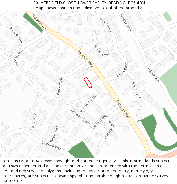 10, MERRIFIELD CLOSE, LOWER EARLEY, READING, RG6 4BN: Location map and indicative extent of plot