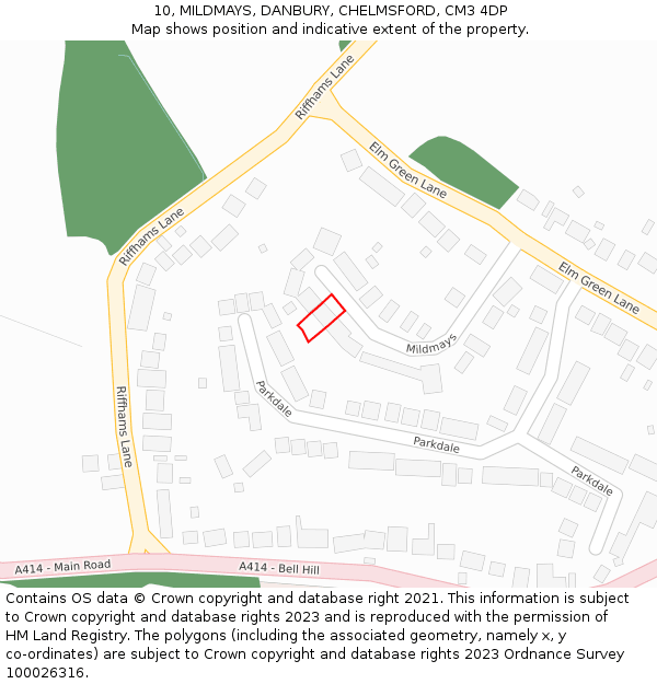 10, MILDMAYS, DANBURY, CHELMSFORD, CM3 4DP: Location map and indicative extent of plot