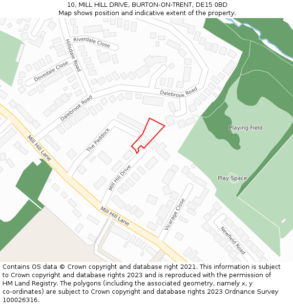 10, MILL HILL DRIVE, BURTON-ON-TRENT, DE15 0BD: Location map and indicative extent of plot