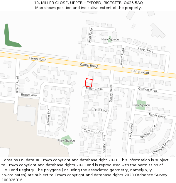 10, MILLER CLOSE, UPPER HEYFORD, BICESTER, OX25 5AQ: Location map and indicative extent of plot