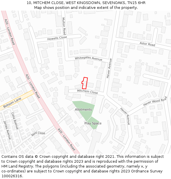 10, MITCHEM CLOSE, WEST KINGSDOWN, SEVENOAKS, TN15 6HR: Location map and indicative extent of plot