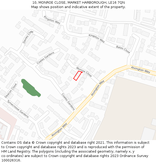10, MONROE CLOSE, MARKET HARBOROUGH, LE16 7QN: Location map and indicative extent of plot
