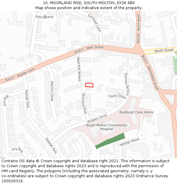 10, MOORLAND RISE, SOUTH MOLTON, EX36 4BX: Location map and indicative extent of plot