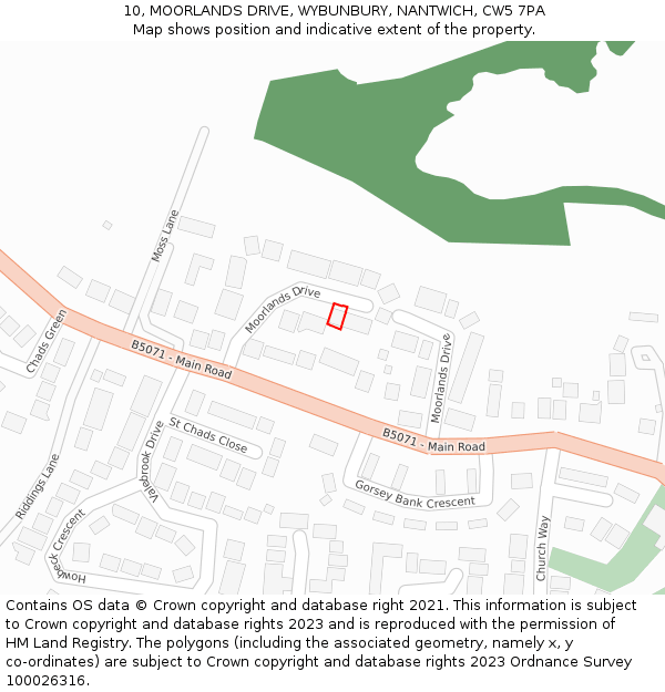 10, MOORLANDS DRIVE, WYBUNBURY, NANTWICH, CW5 7PA: Location map and indicative extent of plot