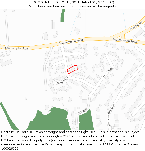 10, MOUNTFIELD, HYTHE, SOUTHAMPTON, SO45 5AQ: Location map and indicative extent of plot