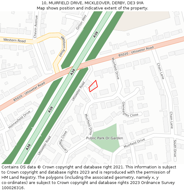 10, MUIRFIELD DRIVE, MICKLEOVER, DERBY, DE3 9YA: Location map and indicative extent of plot