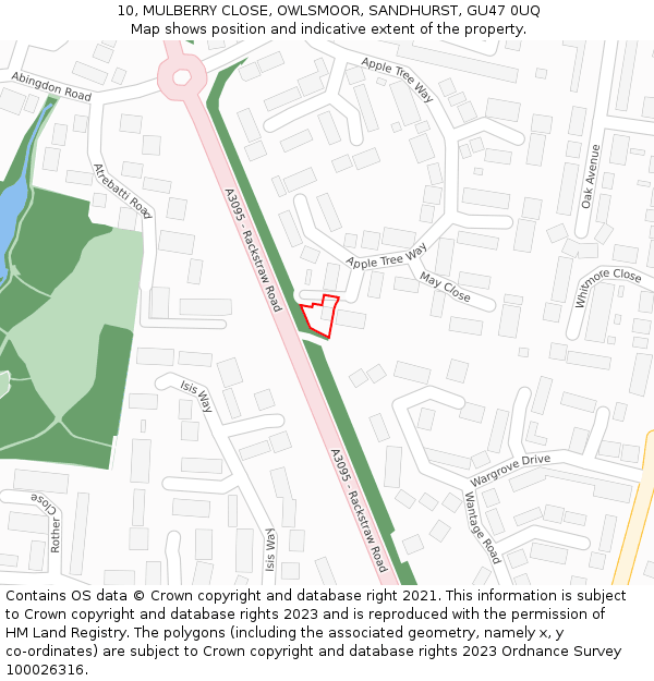 10, MULBERRY CLOSE, OWLSMOOR, SANDHURST, GU47 0UQ: Location map and indicative extent of plot