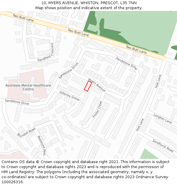 10, MYERS AVENUE, WHISTON, PRESCOT, L35 7NN: Location map and indicative extent of plot