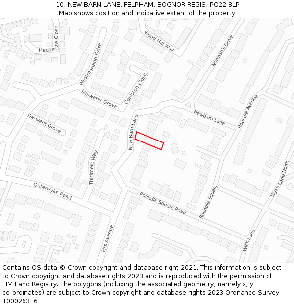 10, NEW BARN LANE, FELPHAM, BOGNOR REGIS, PO22 8LP: Location map and indicative extent of plot