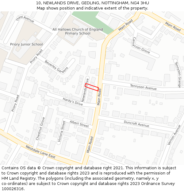 10, NEWLANDS DRIVE, GEDLING, NOTTINGHAM, NG4 3HU: Location map and indicative extent of plot