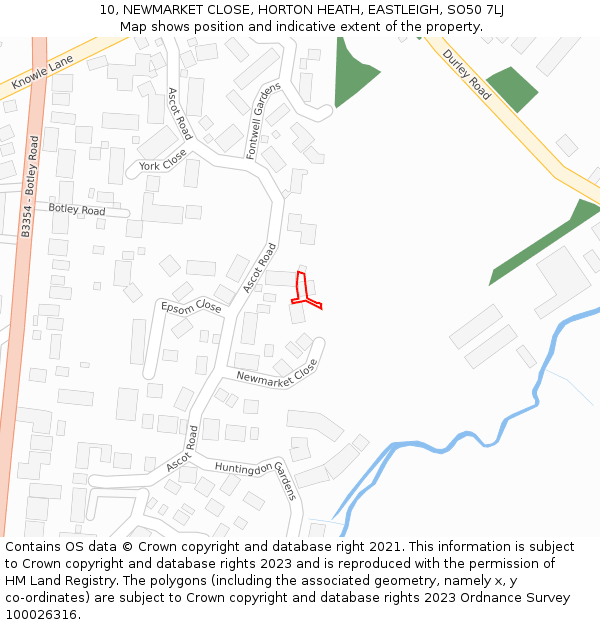 10, NEWMARKET CLOSE, HORTON HEATH, EASTLEIGH, SO50 7LJ: Location map and indicative extent of plot