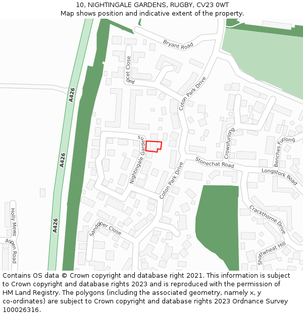 10, NIGHTINGALE GARDENS, RUGBY, CV23 0WT: Location map and indicative extent of plot