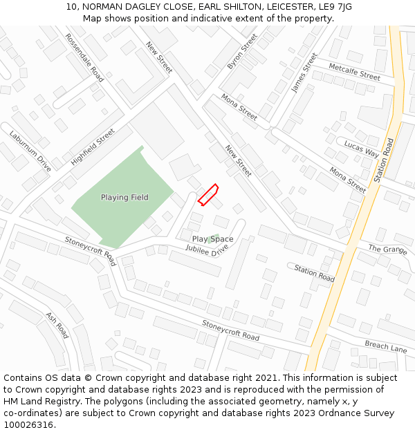 10, NORMAN DAGLEY CLOSE, EARL SHILTON, LEICESTER, LE9 7JG: Location map and indicative extent of plot