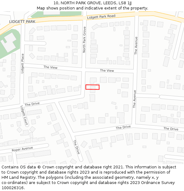 10, NORTH PARK GROVE, LEEDS, LS8 1JJ: Location map and indicative extent of plot