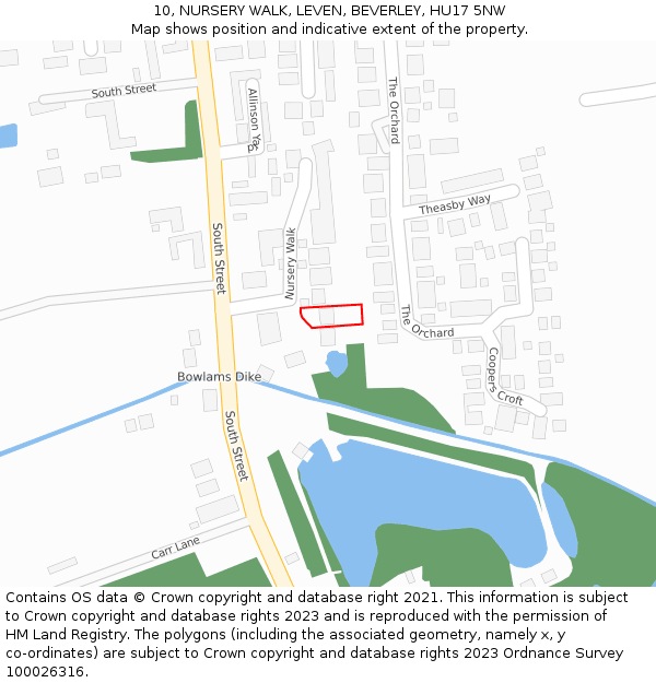 10, NURSERY WALK, LEVEN, BEVERLEY, HU17 5NW: Location map and indicative extent of plot