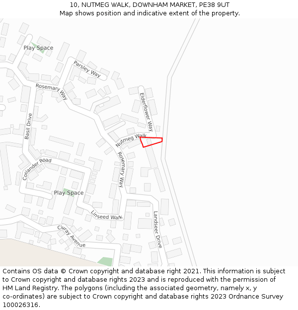 10, NUTMEG WALK, DOWNHAM MARKET, PE38 9UT: Location map and indicative extent of plot