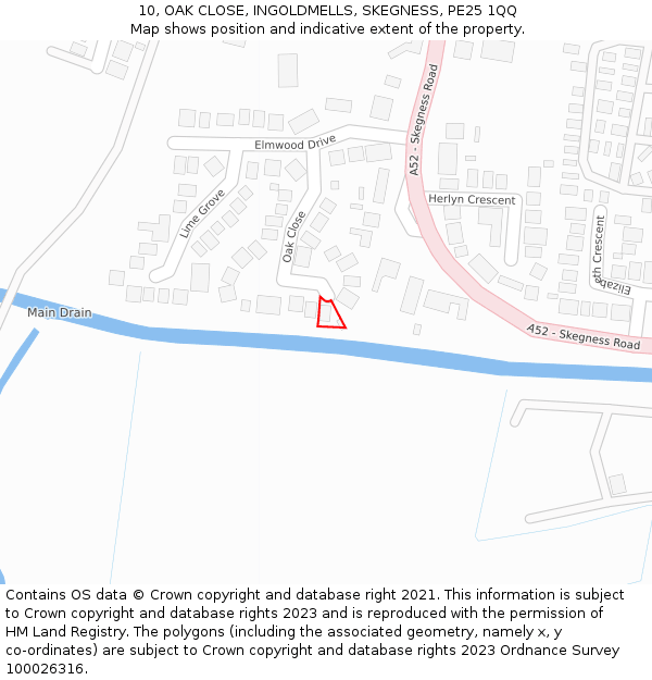 10, OAK CLOSE, INGOLDMELLS, SKEGNESS, PE25 1QQ: Location map and indicative extent of plot