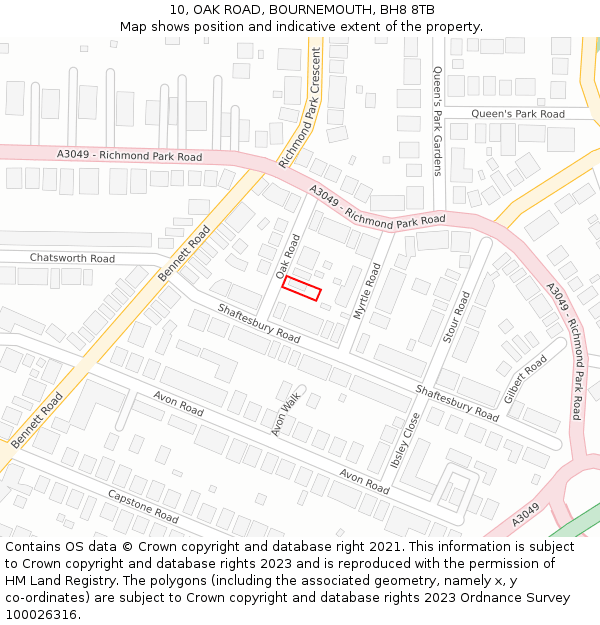10, OAK ROAD, BOURNEMOUTH, BH8 8TB: Location map and indicative extent of plot