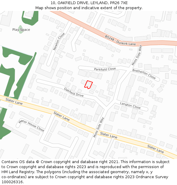 10, OAKFIELD DRIVE, LEYLAND, PR26 7XE: Location map and indicative extent of plot