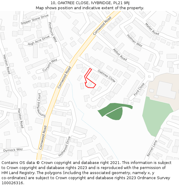 10, OAKTREE CLOSE, IVYBRIDGE, PL21 9RJ: Location map and indicative extent of plot