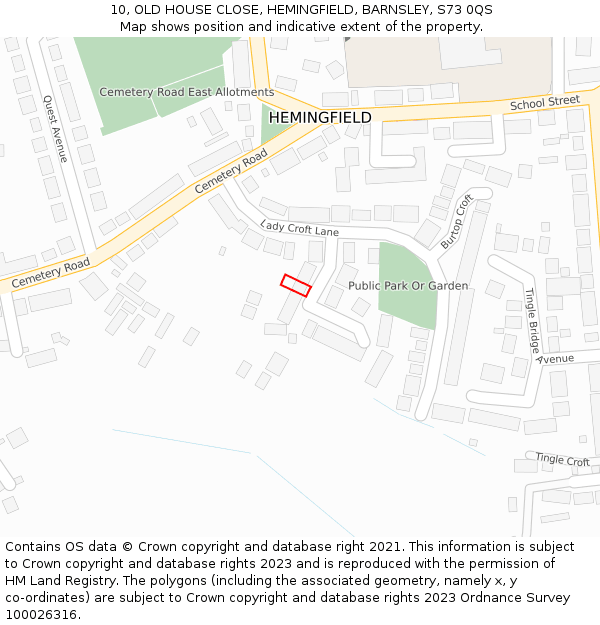 10, OLD HOUSE CLOSE, HEMINGFIELD, BARNSLEY, S73 0QS: Location map and indicative extent of plot