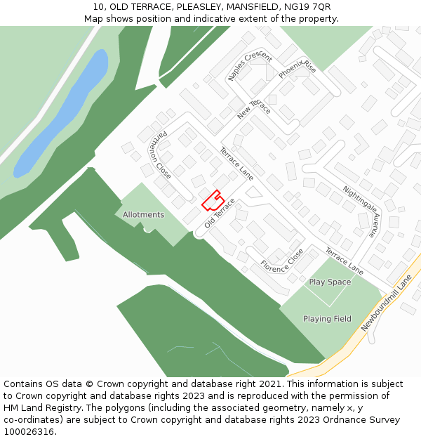 10, OLD TERRACE, PLEASLEY, MANSFIELD, NG19 7QR: Location map and indicative extent of plot