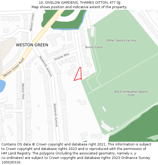 10, ONSLOW GARDENS, THAMES DITTON, KT7 0JJ: Location map and indicative extent of plot