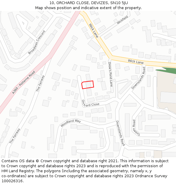 10, ORCHARD CLOSE, DEVIZES, SN10 5JU: Location map and indicative extent of plot