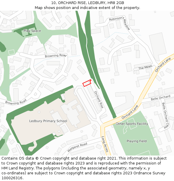 10, ORCHARD RISE, LEDBURY, HR8 2GB: Location map and indicative extent of plot