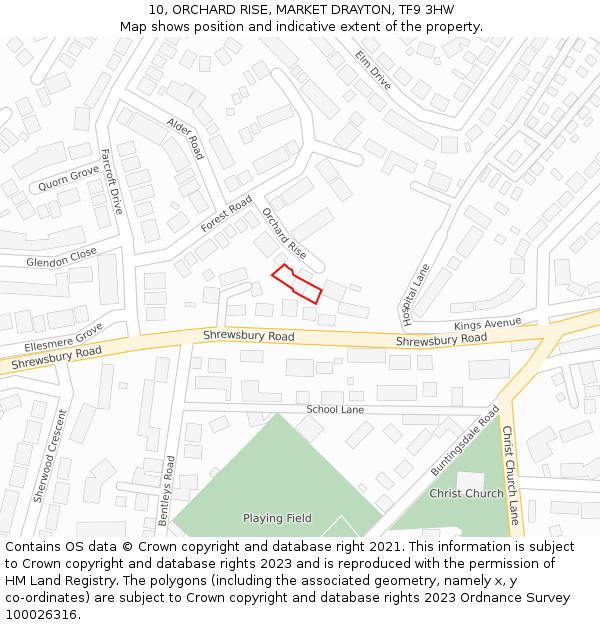 10, ORCHARD RISE, MARKET DRAYTON, TF9 3HW: Location map and indicative extent of plot