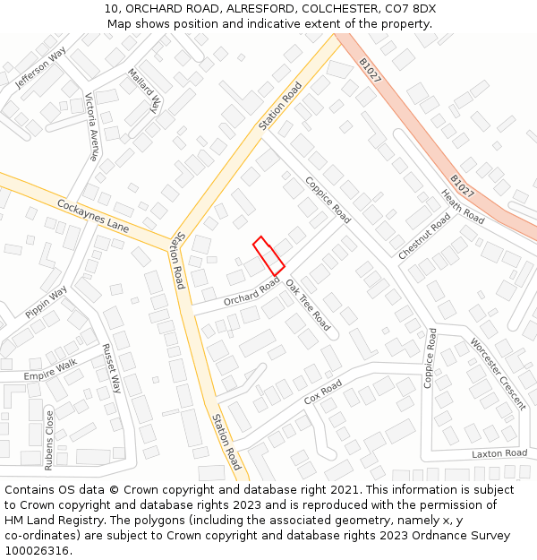 10, ORCHARD ROAD, ALRESFORD, COLCHESTER, CO7 8DX: Location map and indicative extent of plot