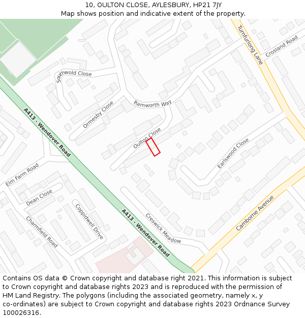 10, OULTON CLOSE, AYLESBURY, HP21 7JY: Location map and indicative extent of plot