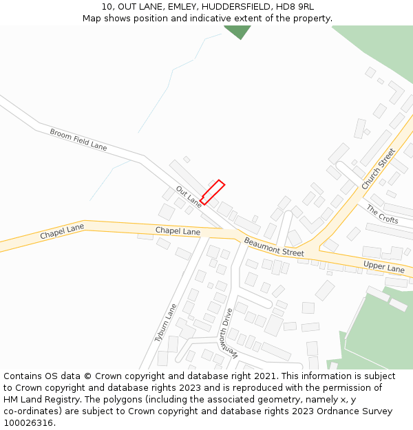 10, OUT LANE, EMLEY, HUDDERSFIELD, HD8 9RL: Location map and indicative extent of plot