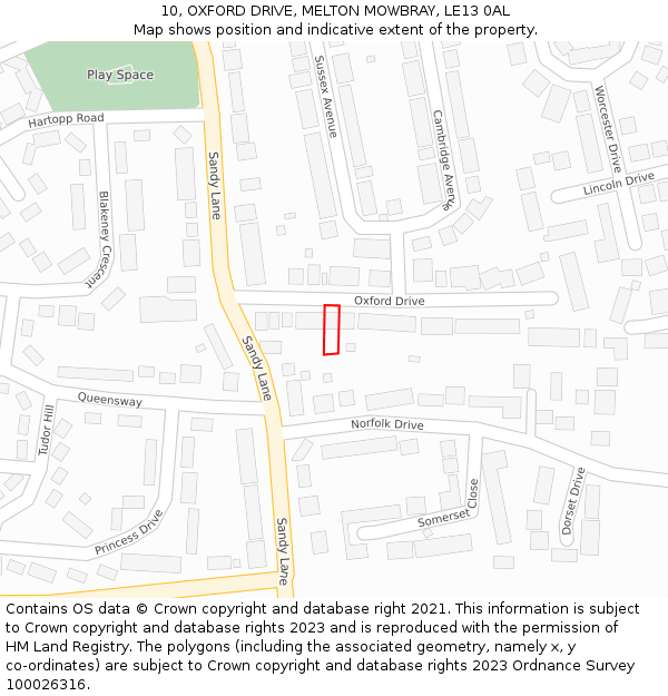 10, OXFORD DRIVE, MELTON MOWBRAY, LE13 0AL: Location map and indicative extent of plot