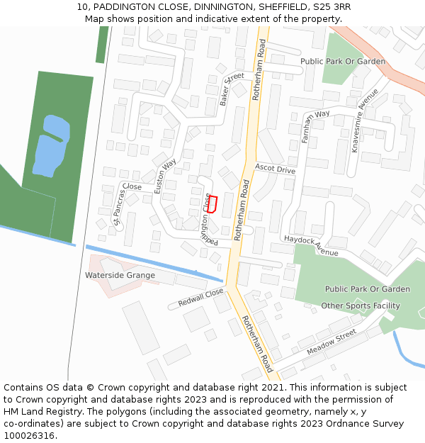 10, PADDINGTON CLOSE, DINNINGTON, SHEFFIELD, S25 3RR: Location map and indicative extent of plot