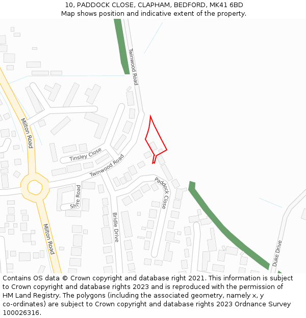 10, PADDOCK CLOSE, CLAPHAM, BEDFORD, MK41 6BD: Location map and indicative extent of plot