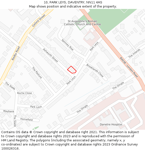 10, PARK LEYS, DAVENTRY, NN11 4AS: Location map and indicative extent of plot