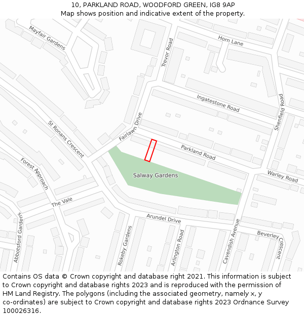10, PARKLAND ROAD, WOODFORD GREEN, IG8 9AP: Location map and indicative extent of plot